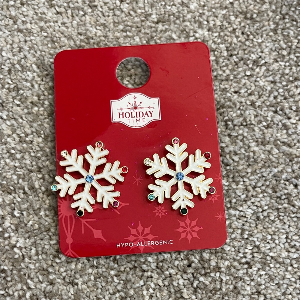 Holiday Time Festive Snowflake Earrings with Blue Accents